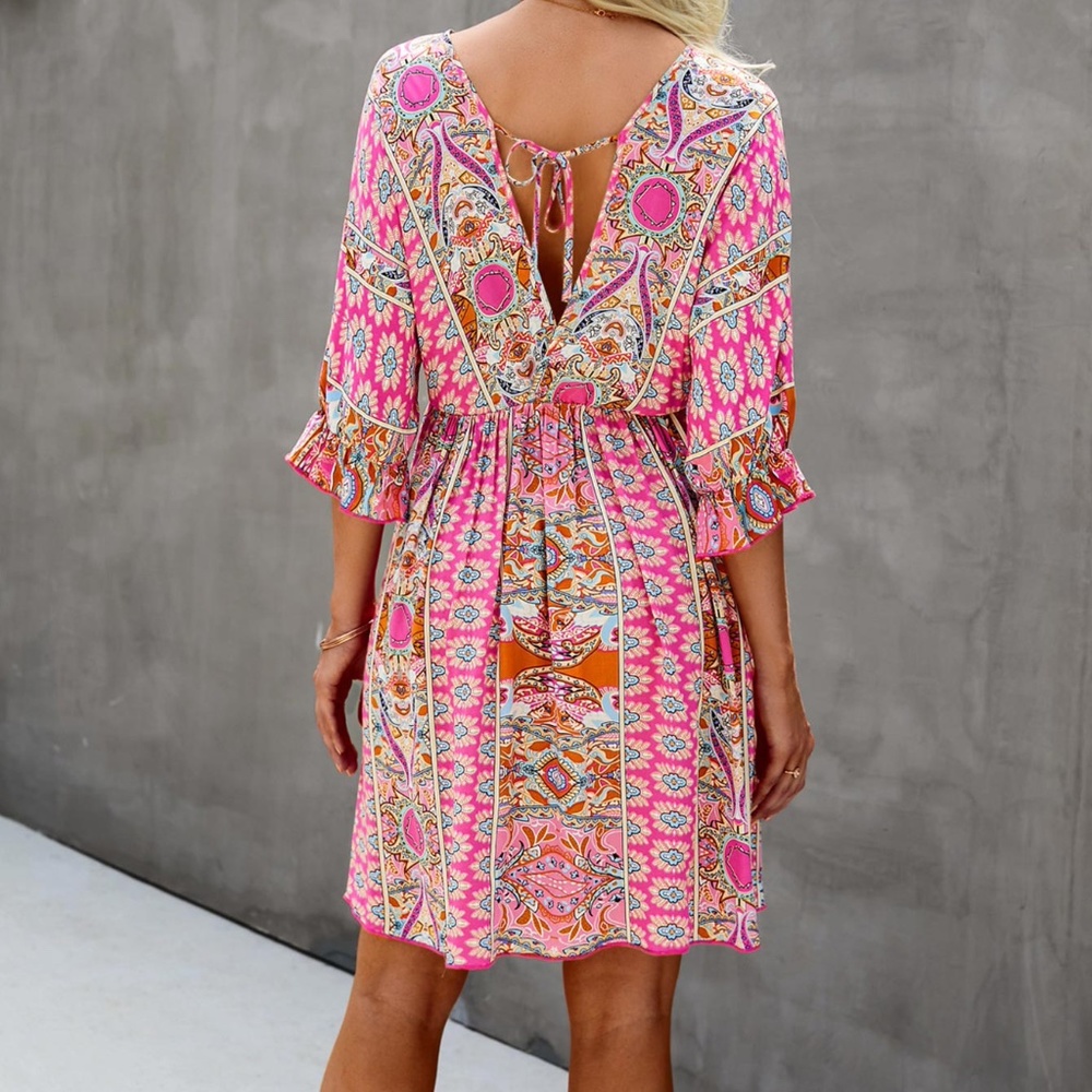 Boho Blue Orange Paisley V neck Gypsy Mini Dress - Picture 8 of 16